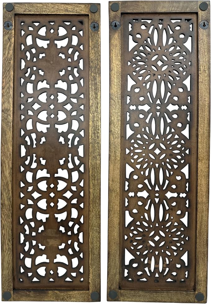 Floral Hand Carved Wooden Wall Panels Set of 2, Rustic Brown Decorative Wall Art - Image 3