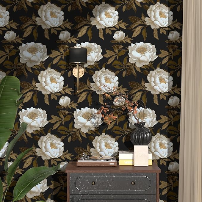 Laatse Peony Floral Wallpaper Peel and Stick Gold Leaf Contact Paper Modern - Image 3