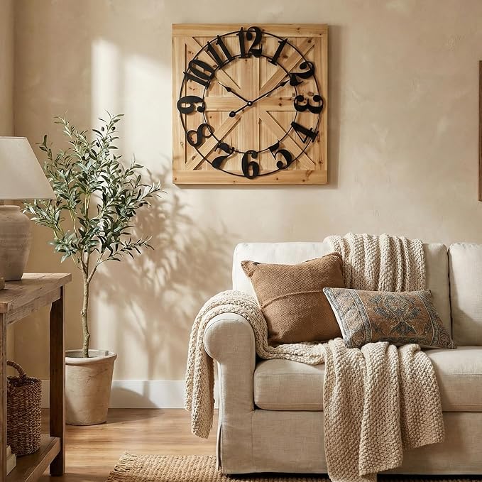 EMAX HOME Large Farmhouse Wall Clock – 24 Inch Brown Square Rustic Wooden Clock - Image 5