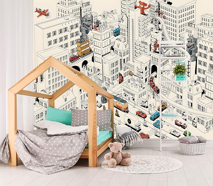 XMPMBM-Cartoon Comics City Nursery Room Fabric Wallpaper Kids Bedroom by XMPMBM-Wallpaperthatwontpeeloff