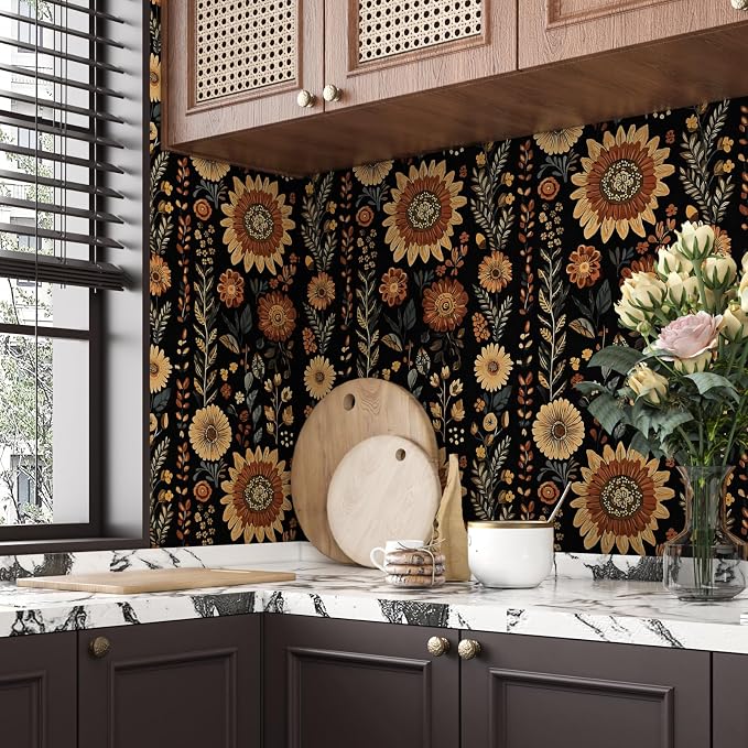 Boho Dark Floral Peel and Stick Wallpaper, Vintage Black Brown Flower Pattern - Image 5