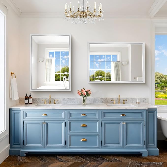 42x30 Silver Bathroom Mirror, Brushed Silver Rectangular Mirror - Image 3