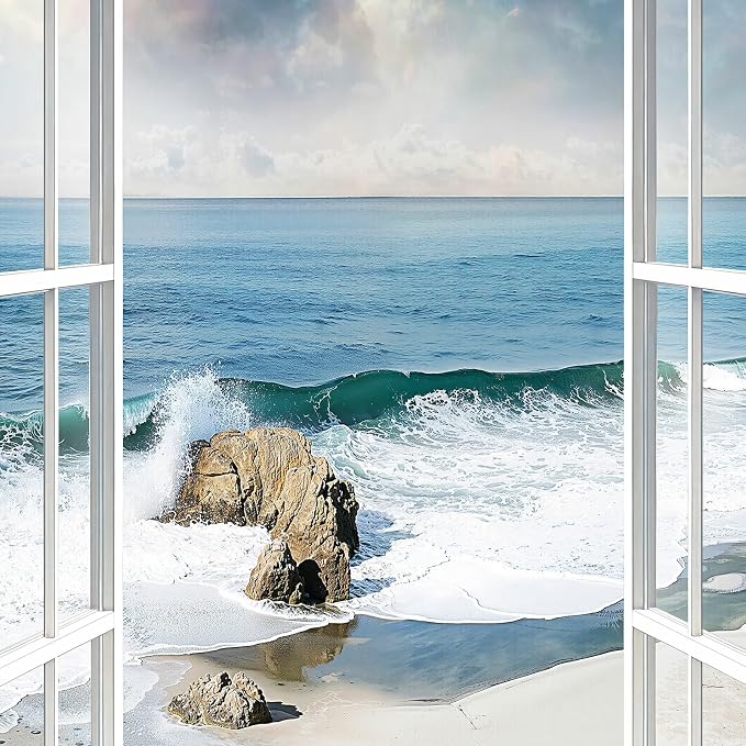 Framed Window Beach Scene Wall Art, Nature Blue Coastal Seascape Vertical - Image 6