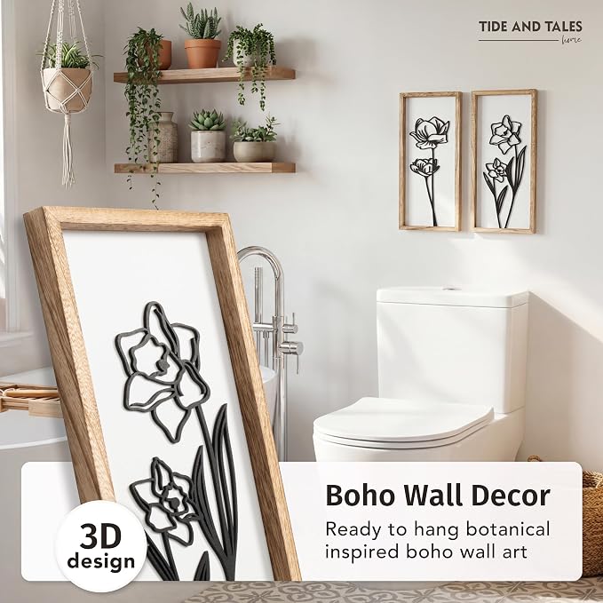 3D Black and White Wall Art Lightweight, Wooden Ready-to-Hang Framed Floral - Image 2