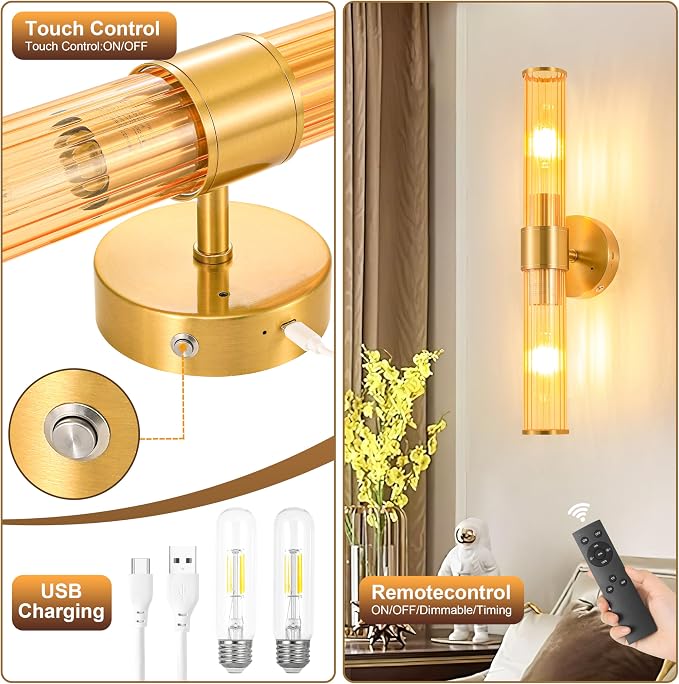 Morauroral Gold Battery Operated Wall Sconces Set of 2, Rechargeable Wall Lights - Image 7