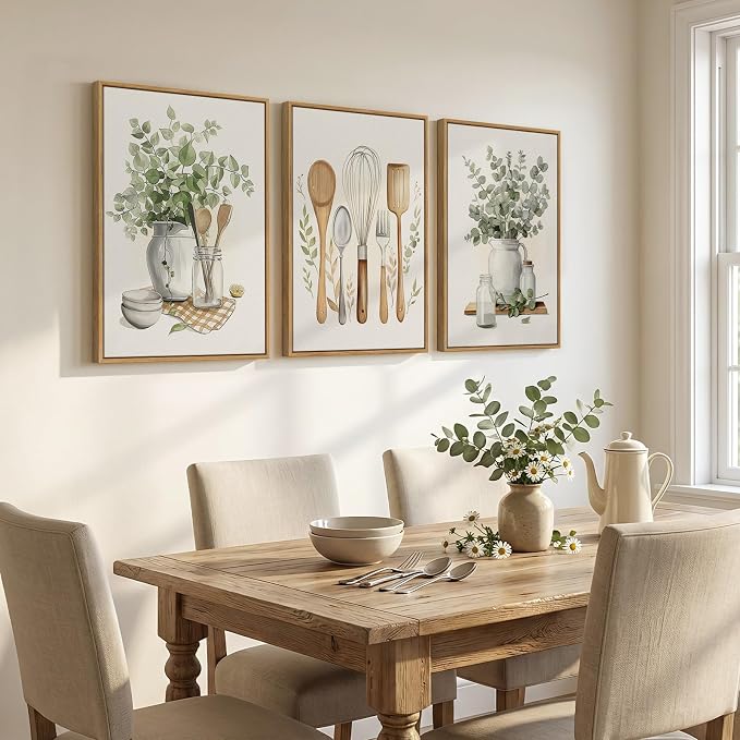 Framed Botanical Wall Art for Kitchen, 3 Piece Modern Farmhouse Sage Green - Image 2