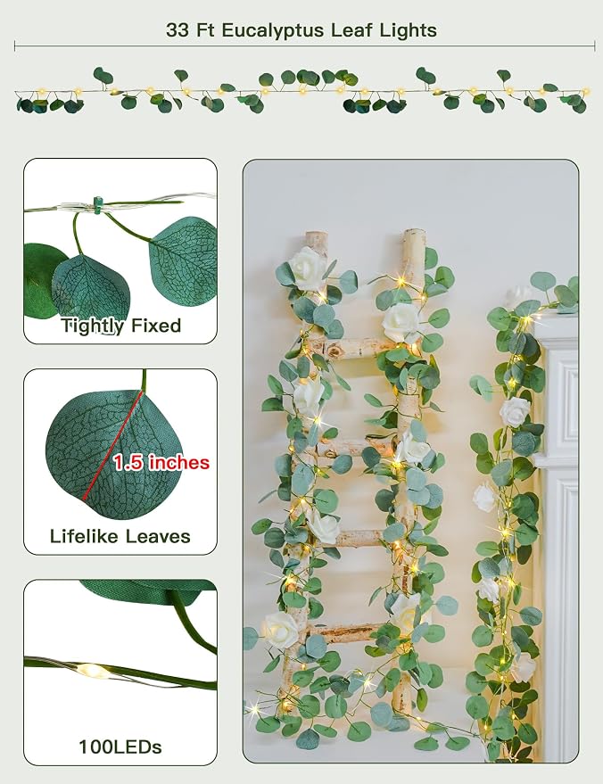 suddus Vines with Lights Battery Operated, 33ft 100 LED Eucalyptus Garland - Image 5