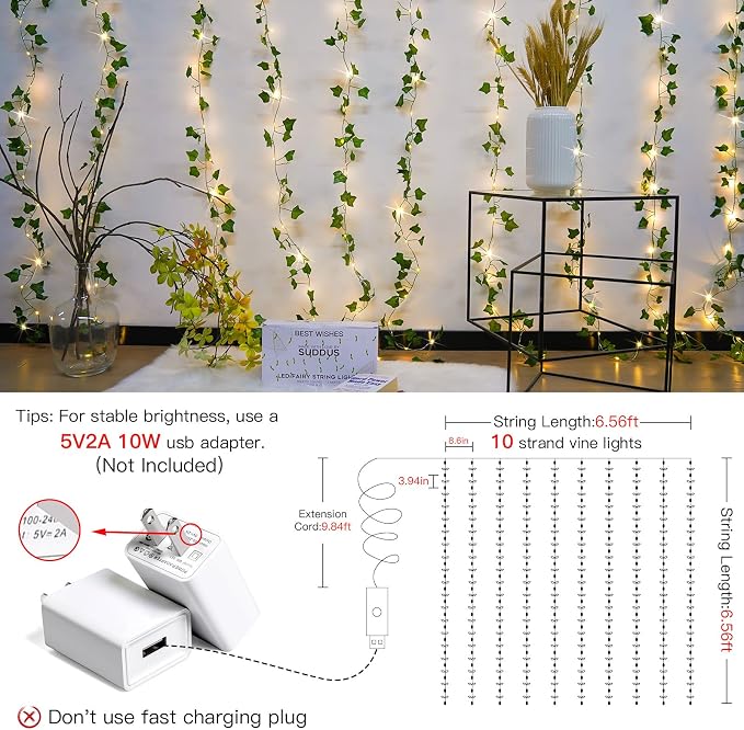suddus Vines with Light for Bedroom, 200 LED Fairy Lights with Vines, Ivy - Image 4
