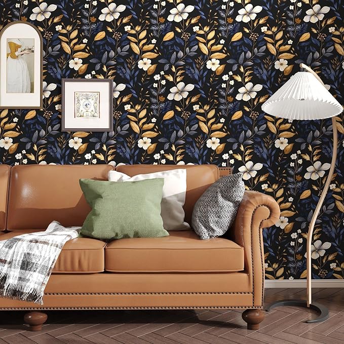 Laatse Blue/Gold Leaf Wallpaper Peel and Stick Vintage Dark Floral Wallpaper - Image 3
