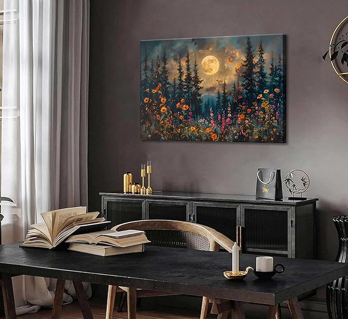 Full Moon Forest Canvas Wall Art Moonlit Pine Tree Mountains and Wildflowers - Image 3