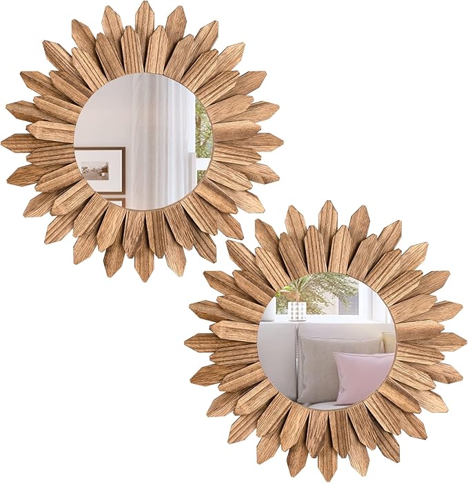 Honiway Boho Wall Decor Mirror 2 Pack Rustic Wood Mirror 12 inch Boho Mirror by Honiway