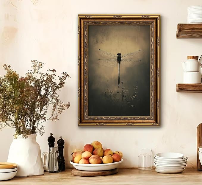 Vintage Gold Framed Wall Art Retro Dark Dragonfly Painting Canvas Prints Gothic - Image 9