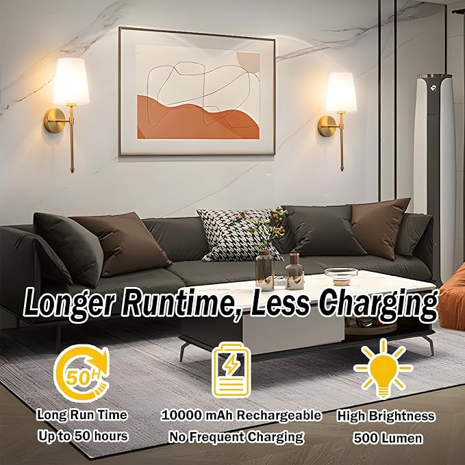 YHCDLAMP Battery Operated Wall Sconces Set of 2, Rechargeable Wireless Wall - Image 2