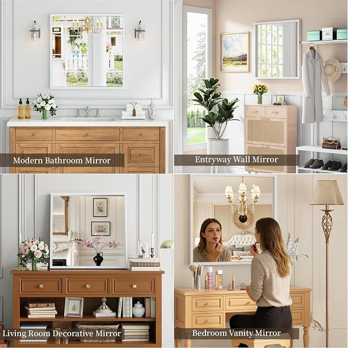 Syndra Square White Wood Frame Bathroom Mirror, Waterproof Slim Deep Frame - Image 5