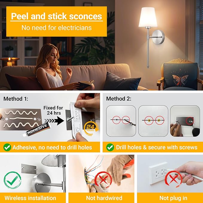 Vimhou Peel and Stick Wall Sconces, Stick On Wall Sconce Set of 2, Battery - Image 3