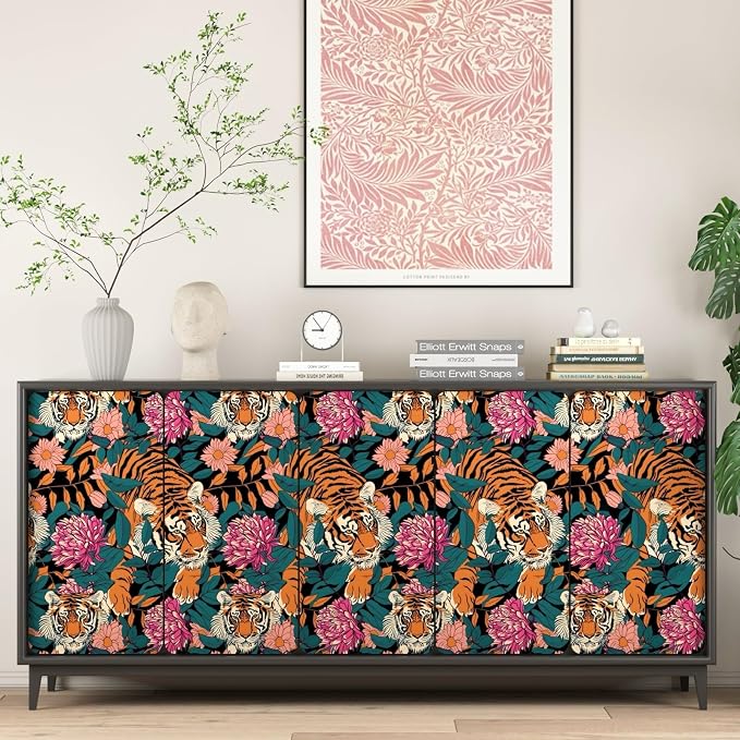 BOKEBEVE Tiger Wallpaper Peel and Stick Vintage Floral Contact Paper Retro Boho - Image 6