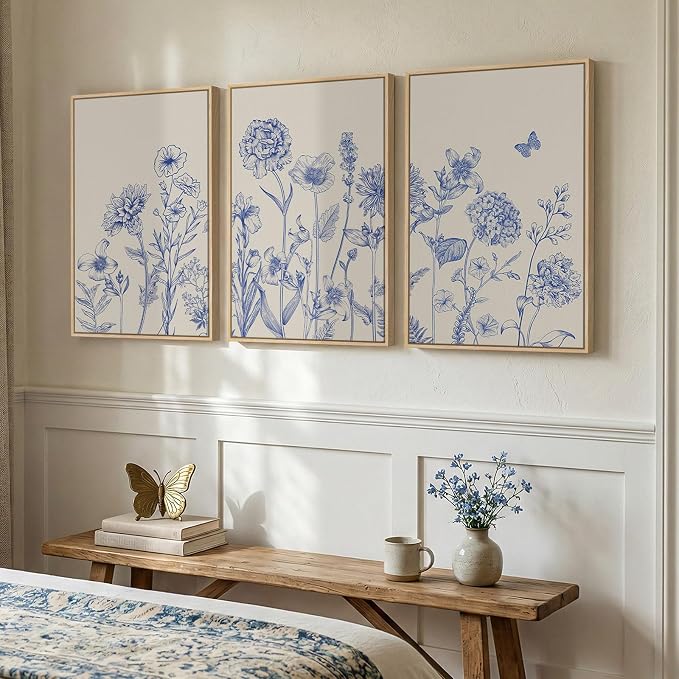 Framed Neutral Chinoiserie Blue Botanical Wall Art, 3 Piece Minimalist Floral - Image 2