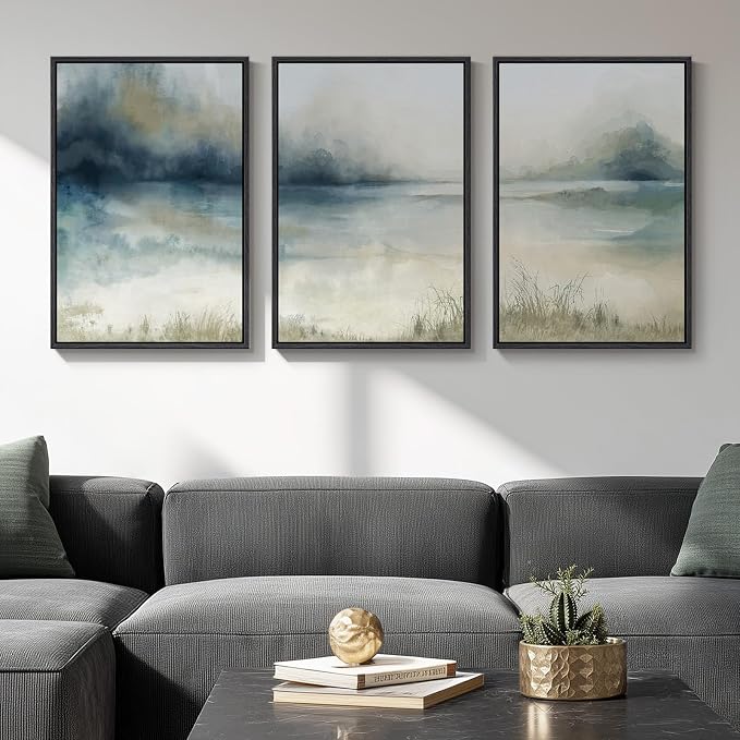 Framed Abstract Landscape Wall Art, 3 Piece Blue Watercolor Canvas Prints - Image 2