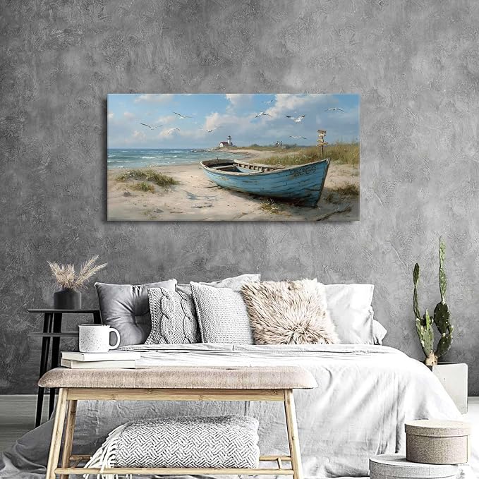Beach Wall Art Coastal Wall Decor Nautical Ocean Canvas Picture Nature Boat - Image 4