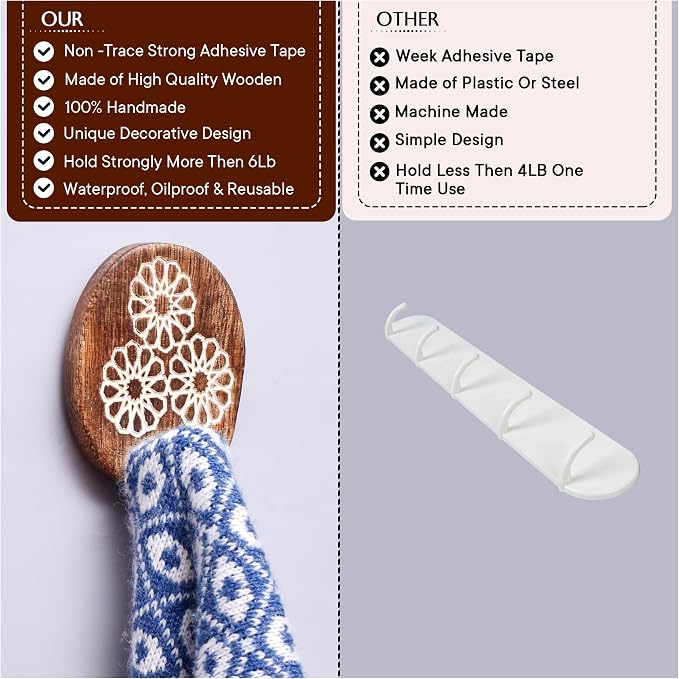 Indian Shelf 6 Lb- 3 Pieces Decorative Wood Adhesive Wall Hooks–Boho Peel and - Image 3