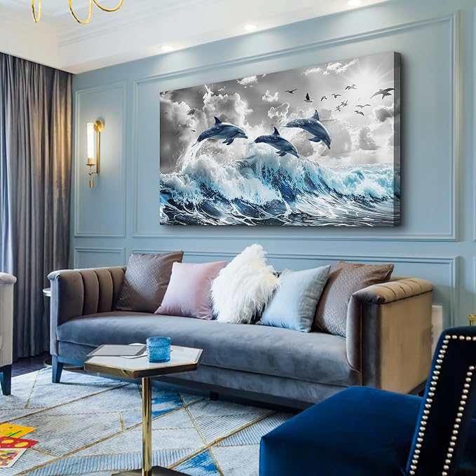 Wapluam Large Wall Art For Bedroom Blue Waves Of The Sea Wall Pictures Artwork - Image 2