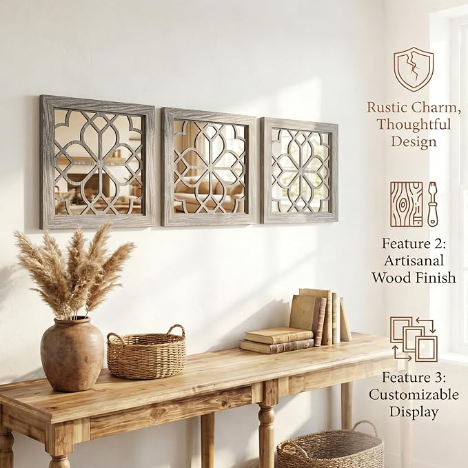 Set of 2 14 Inch Square Brown Window Pane Wall Mirrors, Shatterproof Rustic - Image 4