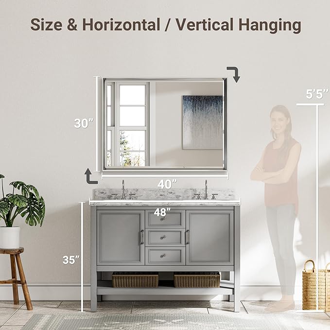 40 x 30 Brushed Nickel Bathroom Mirror, Beveled Framed Rectangle - Image 2
