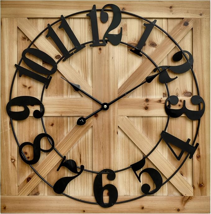 EMAX HOME Large Farmhouse Wall Clock – 24 Inch Brown Square Rustic Wooden Clock - Image 3