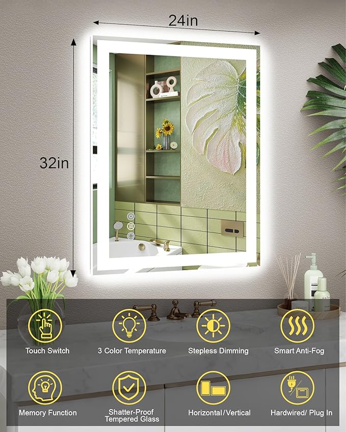 24x32 LED Bathroom Mirror with Lights, Super Bright Front & Backlit Vanity - Image 6
