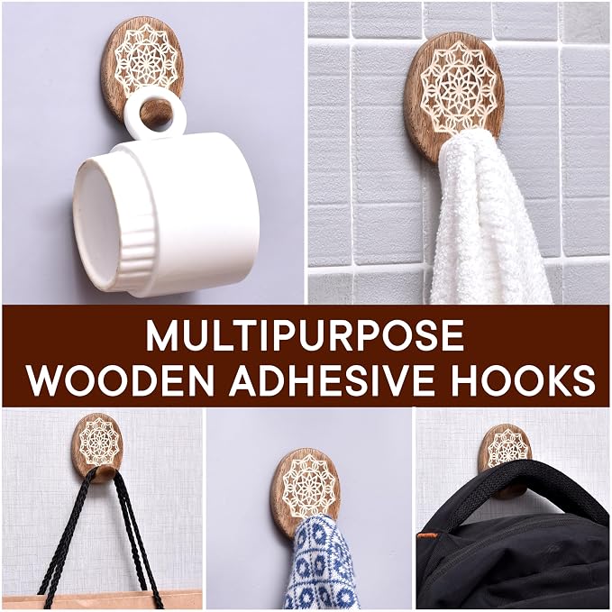 Indian Shelf 6 Lb- 3 Pieces Decorative Wood Adhesive Wall Hooks–Boho Peel and - Image 5