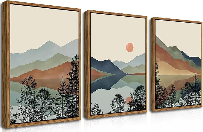 AKWISH Mountain Canvas Wall Art Set of 3, Boho Watercolor Poster Prints by AKWISHWallArt