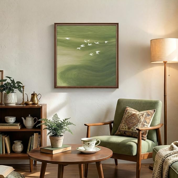 Vintage Framed Green Abstract Wall Art, Modern Minimalist Sage Green Canvas - Image 3