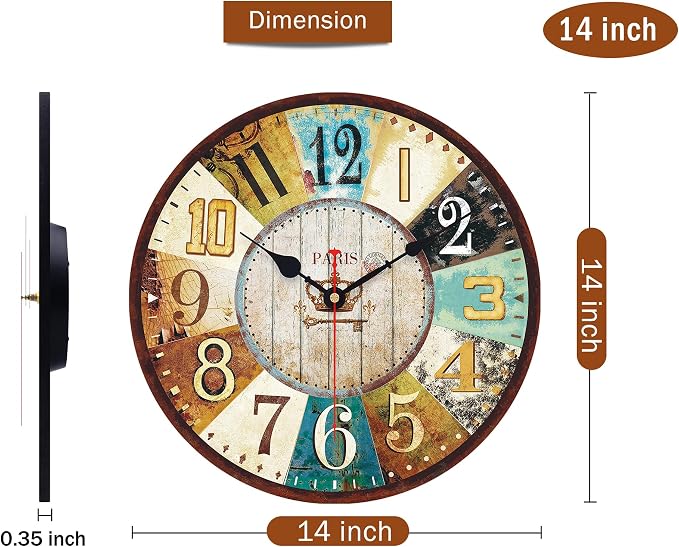 VIKMARI 14 Inch Wooden Wall Clock Battery Operated Retro Rustic Decorative Clock - Image 3