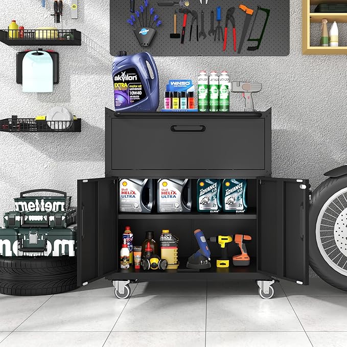 Metal Storage Cabinet with Wheels, Lockable Garage Storage Cabinet with 2 Doors - Image 2
