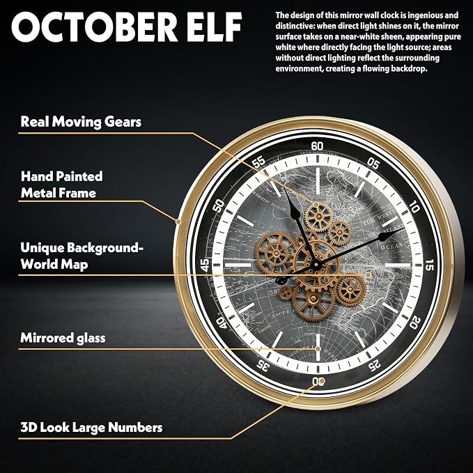 October Elf Large Real Moving Gears Wall Clock 24 Inch Vintage Industrial - Image 4