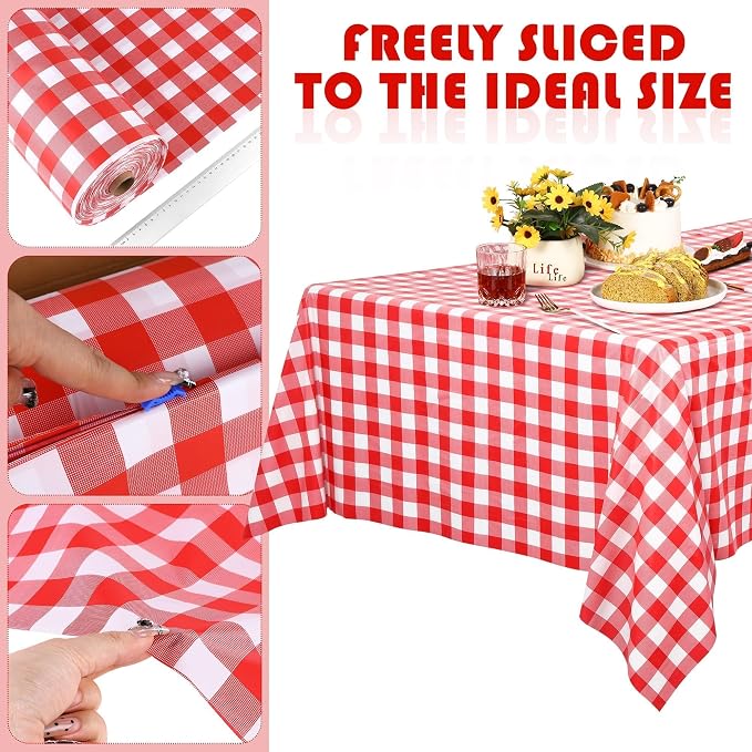 Kochorie 54 Inch x 300 Ft Red Checkered Plastic Table Cloth Roll Disposable - Image 4