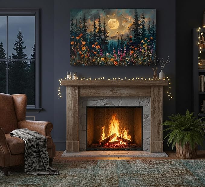 Full Moon Forest Canvas Wall Art Moonlit Pine Tree Mountains and Wildflowers - Image 2