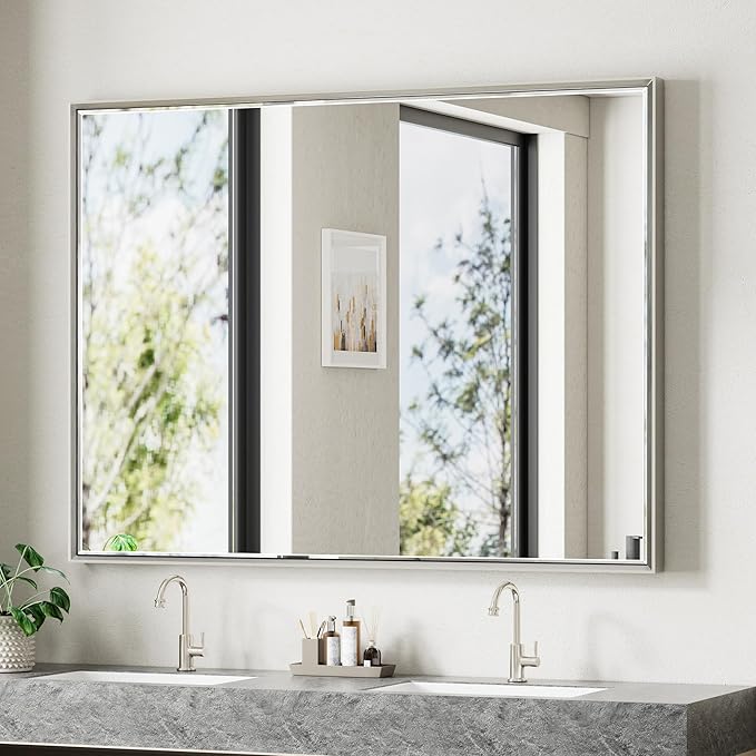 48'' x 36'' Brushed Nickel Framed Beveled Bathroom Mirror, Shatterproof by QUEENFUN