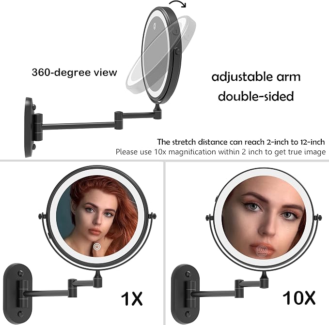 Ruacq Rechargeable Makeup Mirror Matte Black Double Sided Vanity Mirror - Image 5
