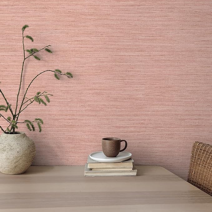 Tempaper Textured Salmon Pink Horizontal Faux Grasscloth Removable Peel and - Image 7