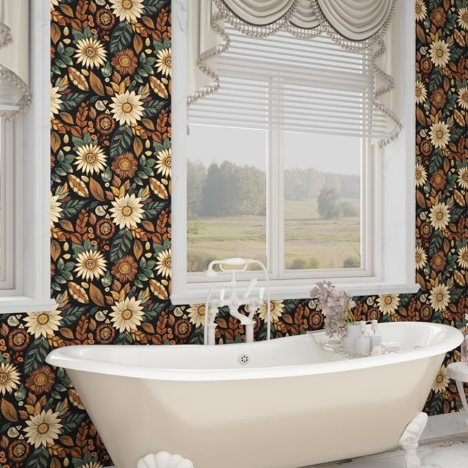 Boho Wallpaper Peel and Stick, Vintage Black Brown/Green Floral Contact Paper - Image 6