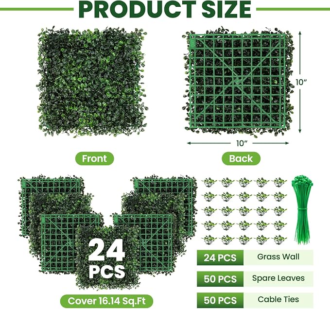 Grass Wall 24 Pack 10"x10" Artificial Boxwood Hedge Wall Panels, Privacy Hedge - Image 3