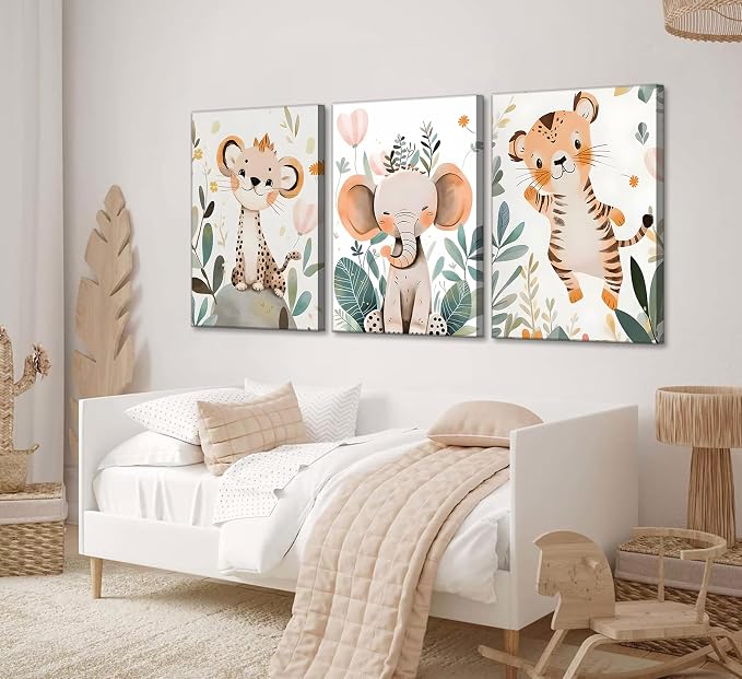 3 Pcs Safari Animals Nursery Canvas Wall Art Jungle Animals Cheetah Elephant - Image 3