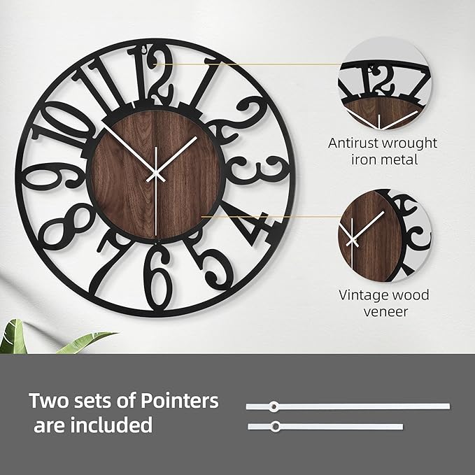 LEIKE Large Wall Clock 24'' Lighted Rustic Wood Clock - Image 5