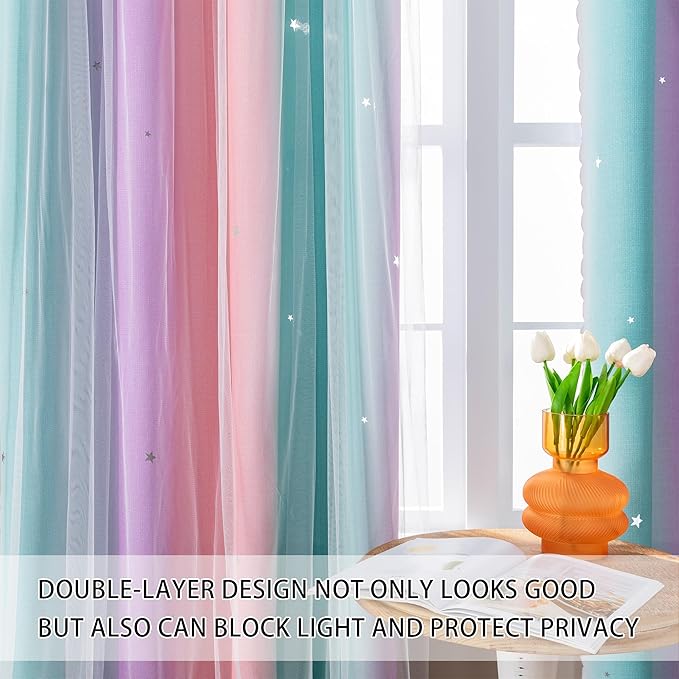 XiDi Curtains for Bedroom Decor, Kids Room Curtains for Girls Rainbow Colour - Image 3