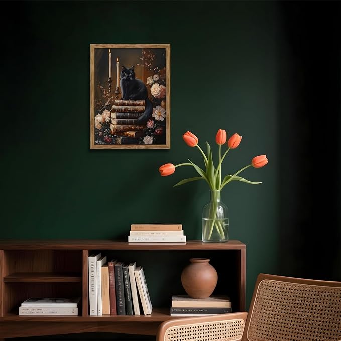 Vintage Dark Academia Framed Wall Art, Victorian Black Cat Floral Canvas Prints - Image 7