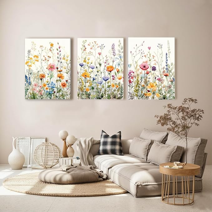 WRFON Wildflower Canvas Wall Art Set of 3, Unframed Botanical Floral Watercolor - Image 6