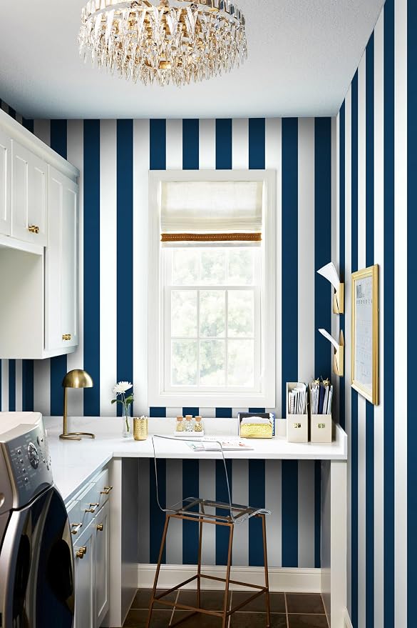 Guvana 17.7"×472" Striped Peel and Stick Wallpaper Blue and White Self-Adhesive - Image 6