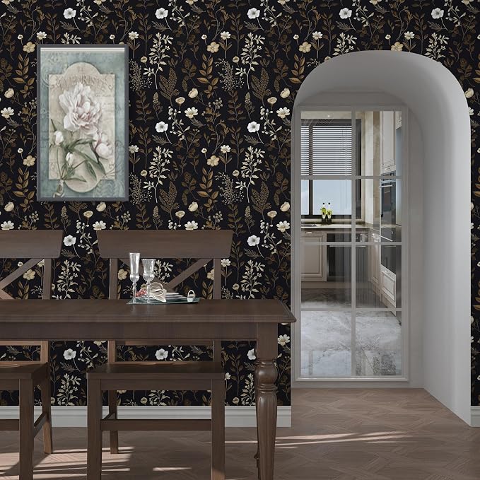 Extra Long Moody Floral Wallpaper Peel and Stick, 17.5In x 393In Black Dark - Image 3