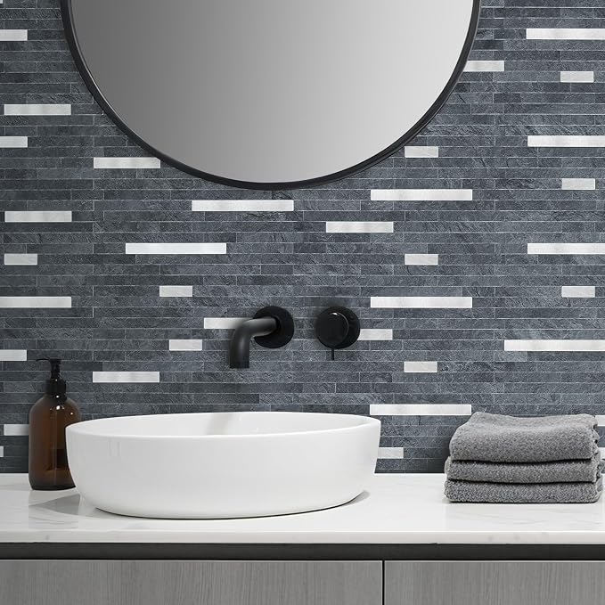 AULIGET 20 Sheets Black Slate Peel and Stick Backsplash, PVC Mixed Metal Silver - Image 6